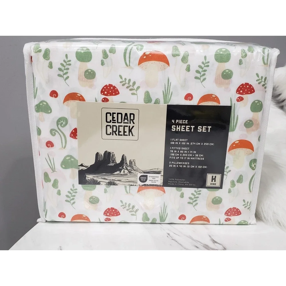 NEW King Size 4 PIECE SHEET SET MUSHROOM GARDEN BOTANICAL WHIMSICAL GNOME PLANTS